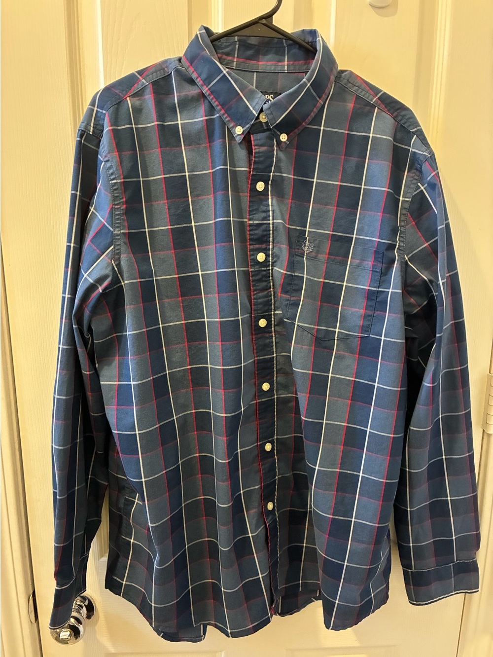 Chaps Navy Plaid Button-Down Shirt with Red and White Grid. Size XL